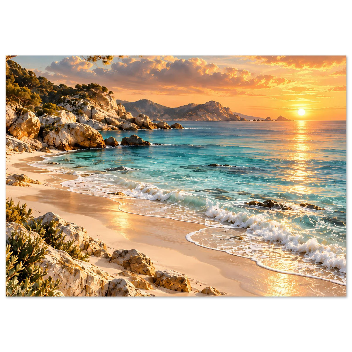 Querformat-Strandposter mit Felsen, türkisfarbenem Wasser und Sonnenuntergang am Meer