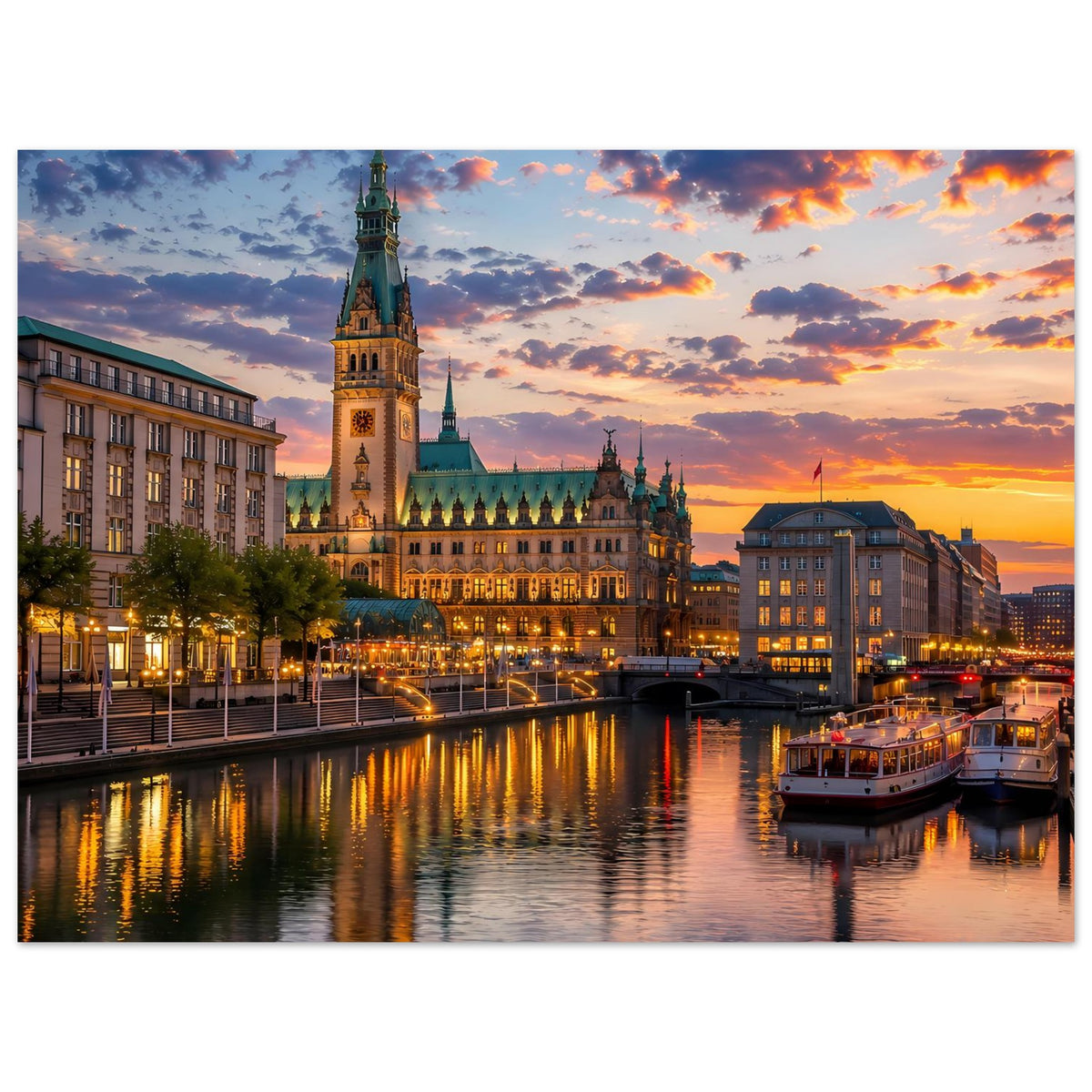Hochformat-Poster mit beleuchtetem Dom, Flussreflexionen und Sonnenuntergangswolken