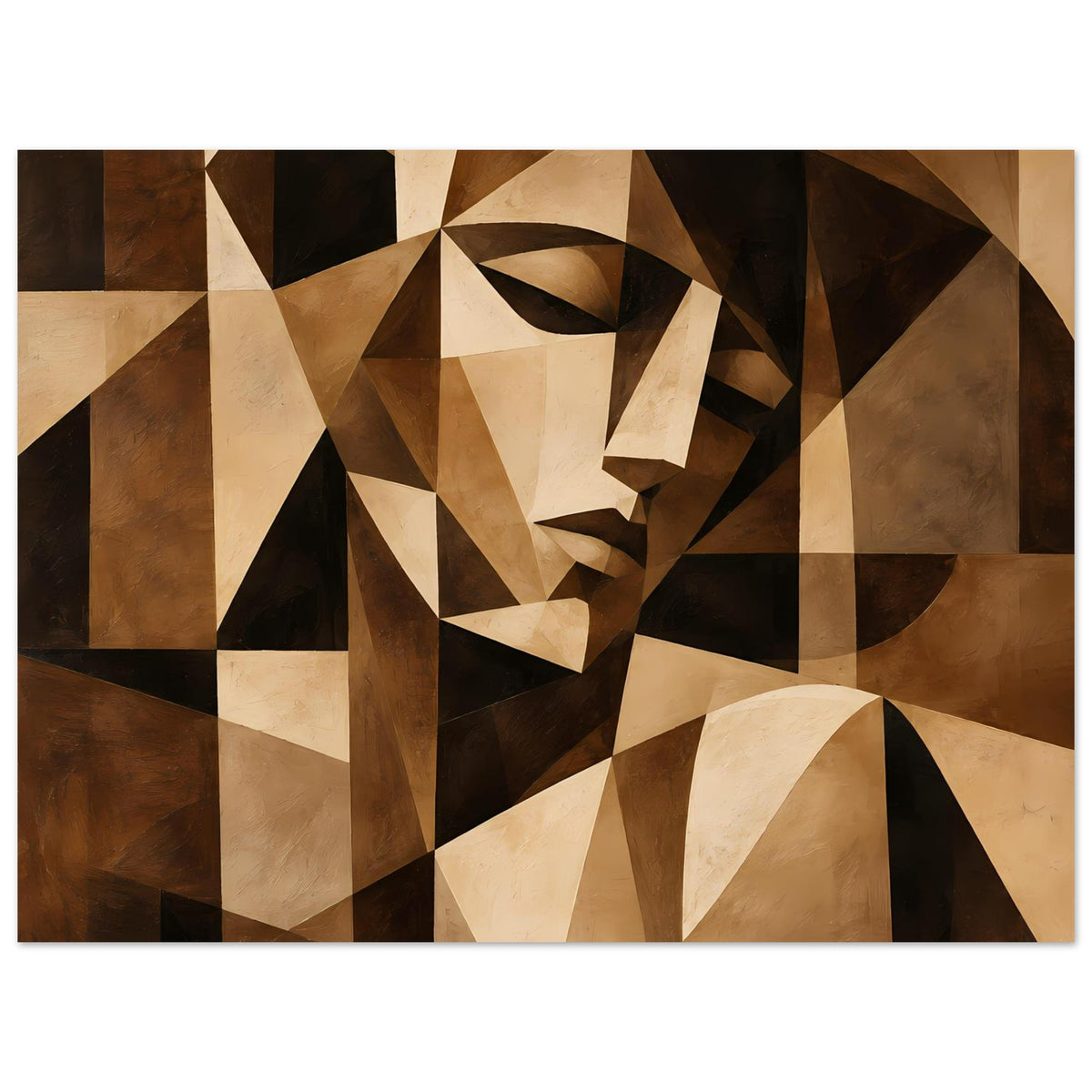 Abstraktes Kunstposter mit kubistischem Gesicht, Dreiecke und Rechtecke in Braun, Beige, Schwarz