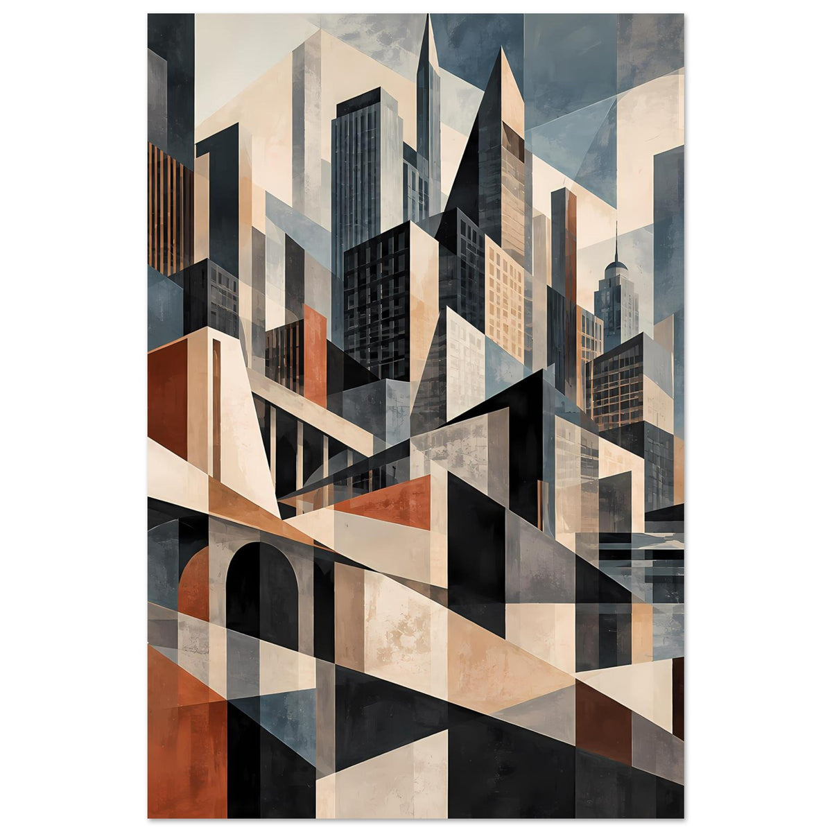Architekturposter im Hochformat mit geometrischem Stadtbild und Blauelementen