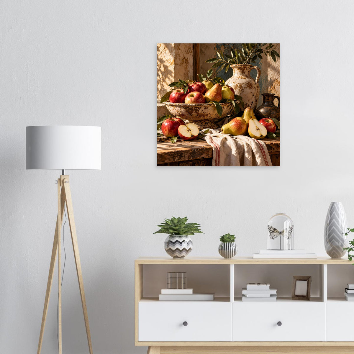 Poster mit Stillleben: Obstschale mit Äpfeln und Birnen auf Holzbank, warmes Herbstmotiv