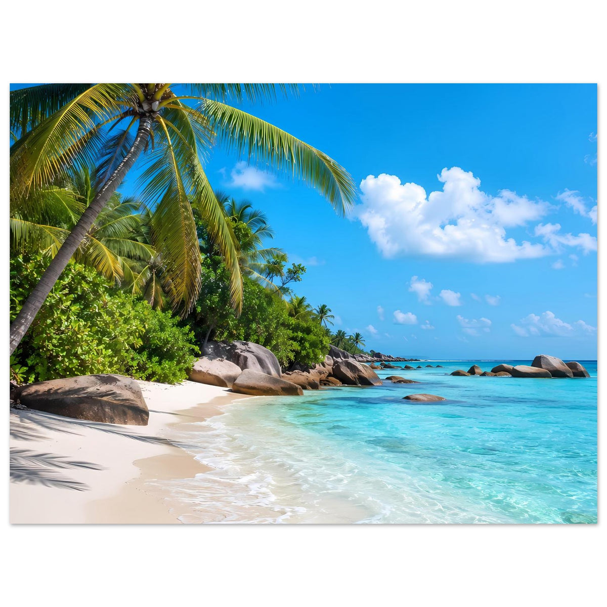 Tropisches Strandposter: Palmenkrone ragt ins Bild, türkisblaues Wasser und Strandfelsen.