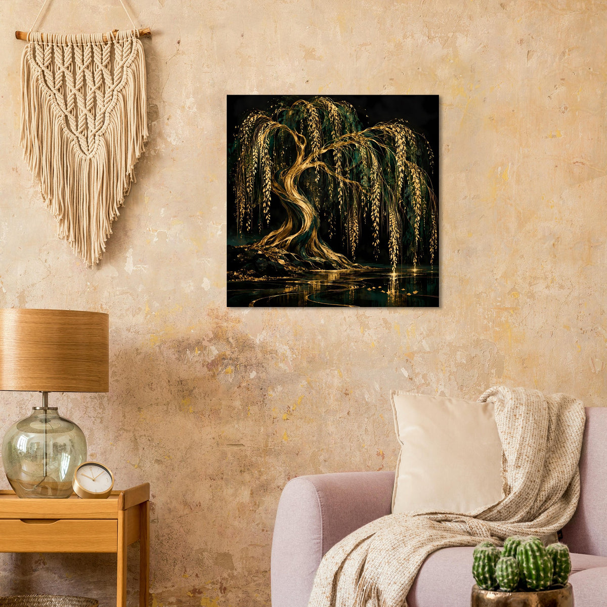 Wandposter mit gold-grüner Weide, Spiegelung im Wasser, quadratischer Druck