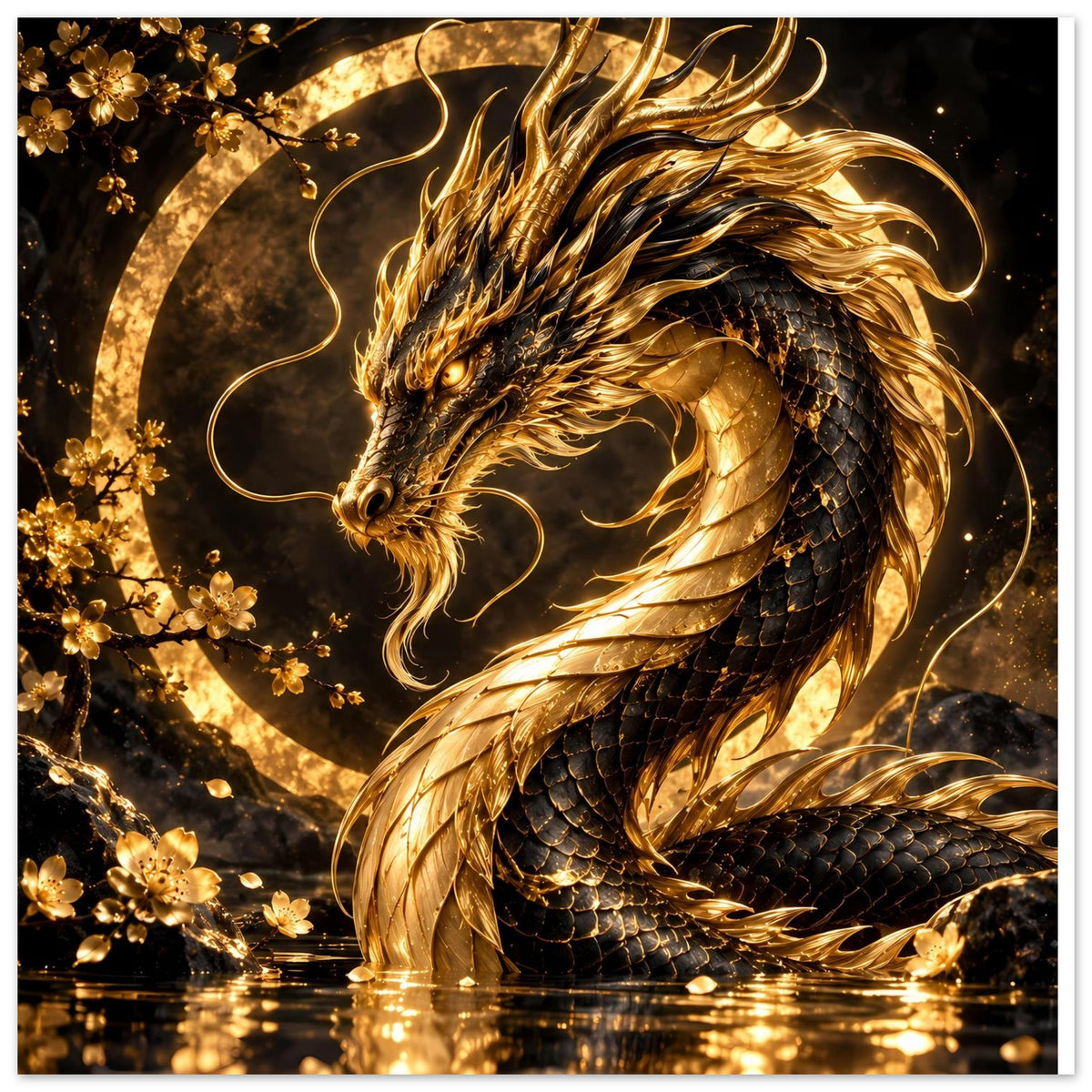 Poster mit goldenem Drachen im Blütenkreis, Drachenrücken und Schuppen im Fokus