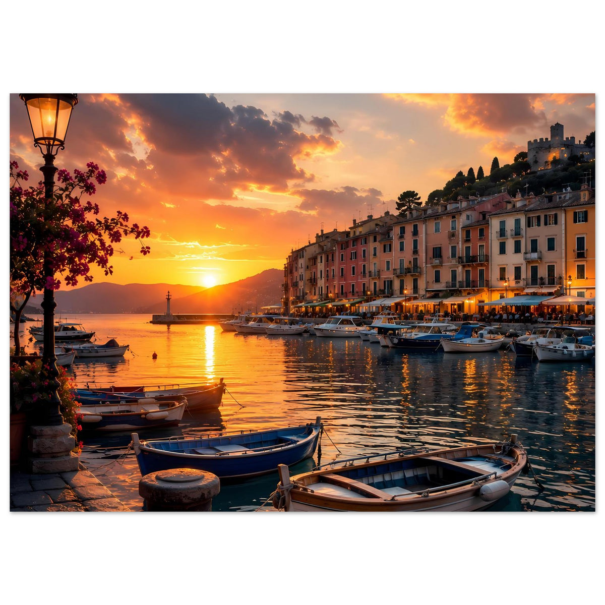 Hafenposter mit Sonnenuntergang, Blick auf Boote am Kai und Uferpromenade
