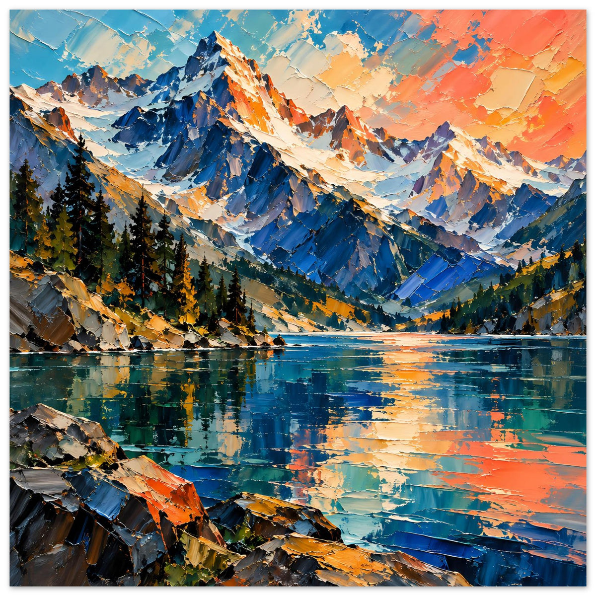 Poster mit Bergsee-Landschaft, Panoramaansicht, spiegelndes Wasser und orangefarbener Himmel