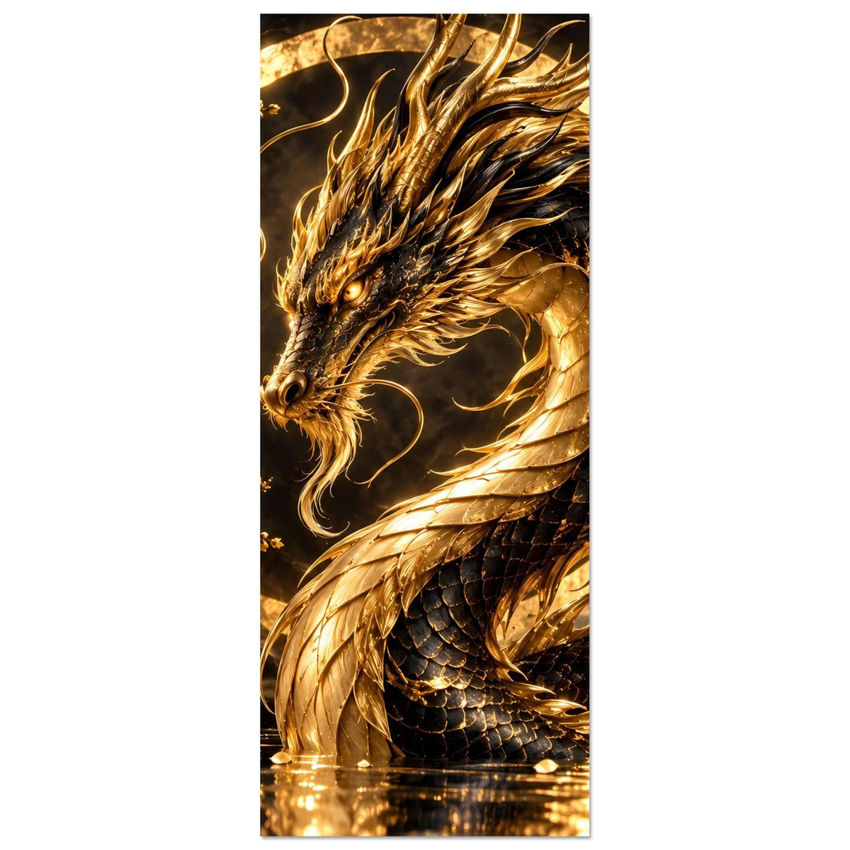 Hochformat-Poster mit goldenem Drachen, Ausschnitt von Kopf und gewundenem Körper im Blütenkreis