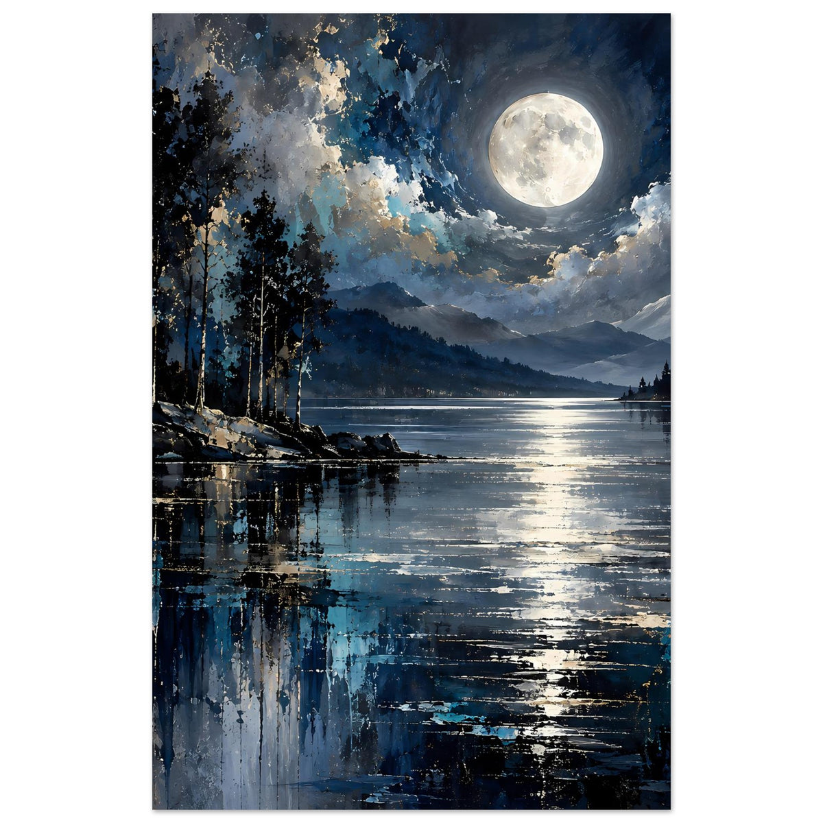 Landschaftsposter (hochkant): großer Mond am Himmel, See mit reflektierendem Licht und Berge.