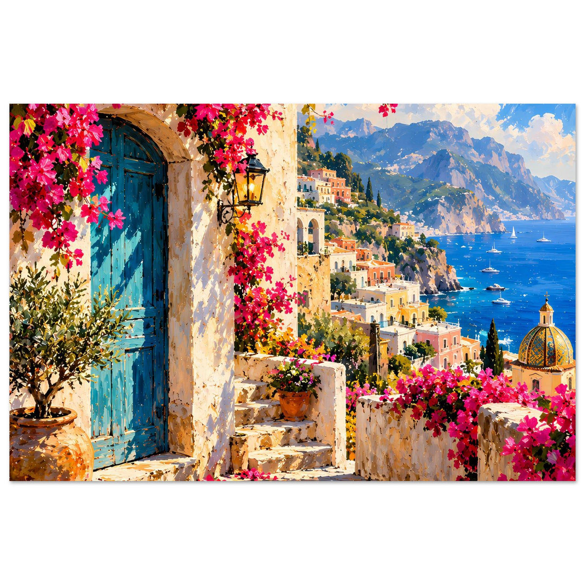 Mediterranes Poster mit blauem Torbogen, pinken Blumen, Häusern am Hafenmeer