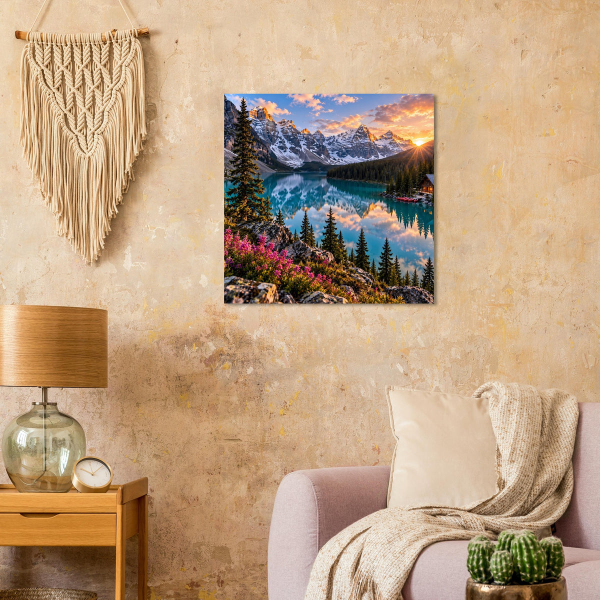 Wandposter im Quadratformat mit Bergsee, Tannenwald und Sonnenaufgang am Horizont