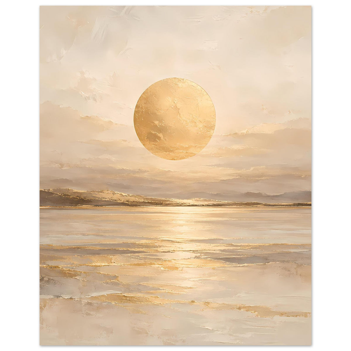 Kunstposter im Hochformat: beige-goldene Landschaft mit kreisförmiger Sonne