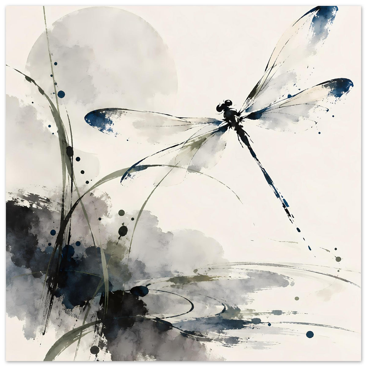 Horizontales Aquarell-Poster: Libelle in Blau, umgeben von grauen Farbflecken und Linien