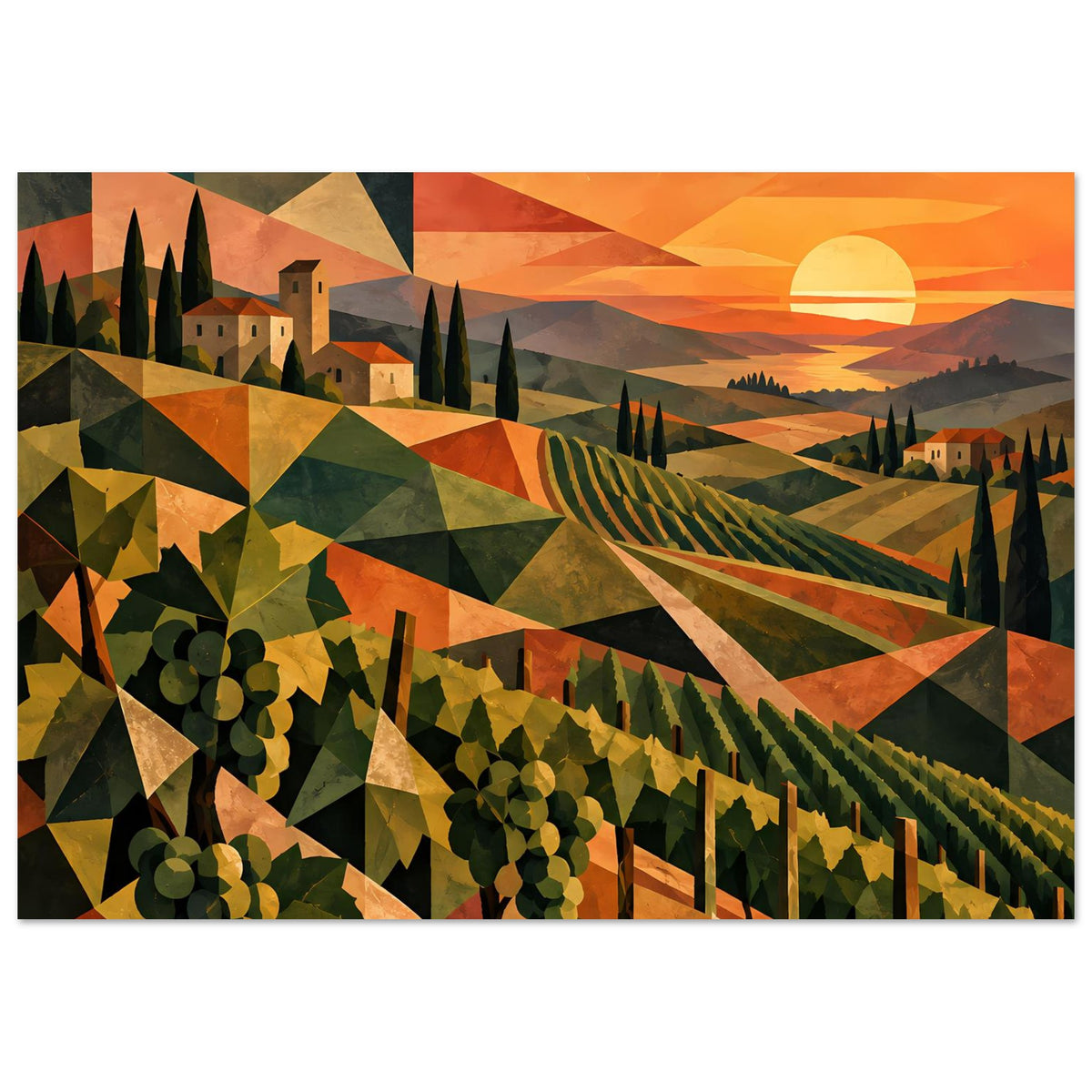 Horizontales Poster mit Weinberg-Landschaft und geometrischem Sonnenuntergang, farbenfroh