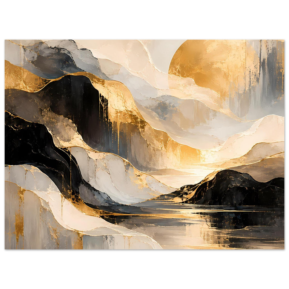 Abstraktes Gold-Schwarz-Kunstposter, horizontales Format, Wasserreflexionen und Bergformen