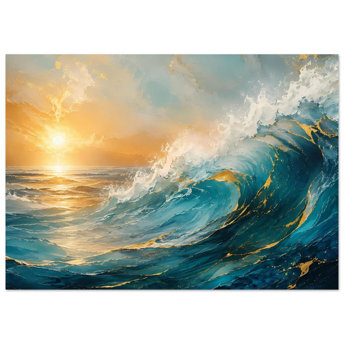 Horizontales Poster: blaue Ozeanwellen mit schäumenden Kämmen und goldener Sonne