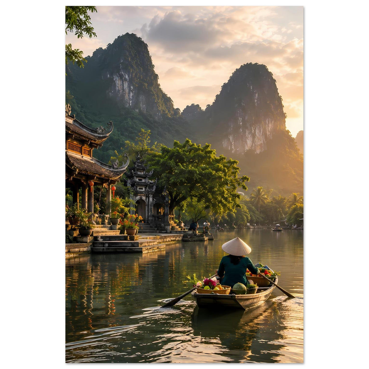 Hochkant-Fotoposter: Fluss und Berge im Sonnenuntergang, Boot mit Blumen vor Tempel