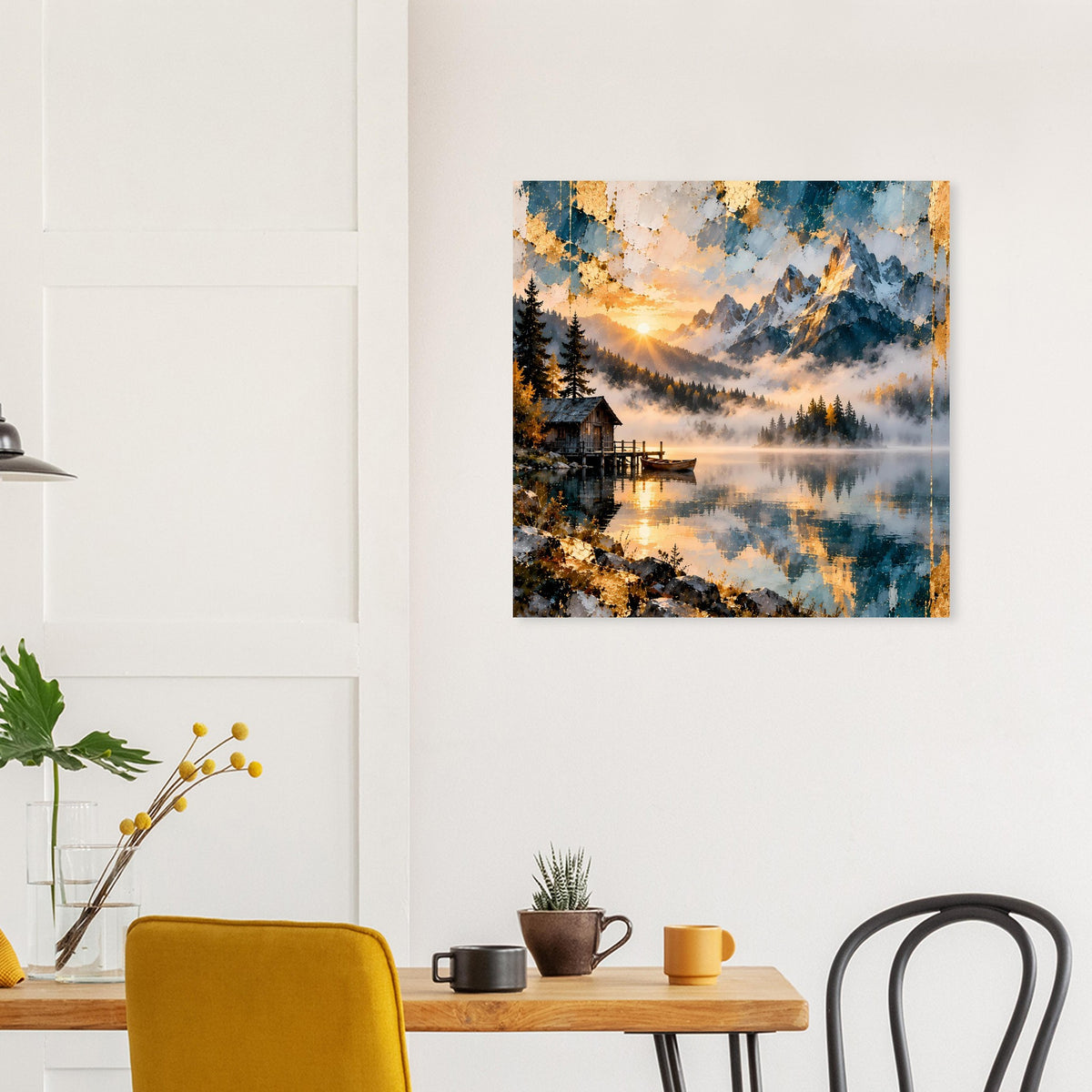 Wandposter mit Bergsee-Blick, goldene Sonne über See und Bergmassiv