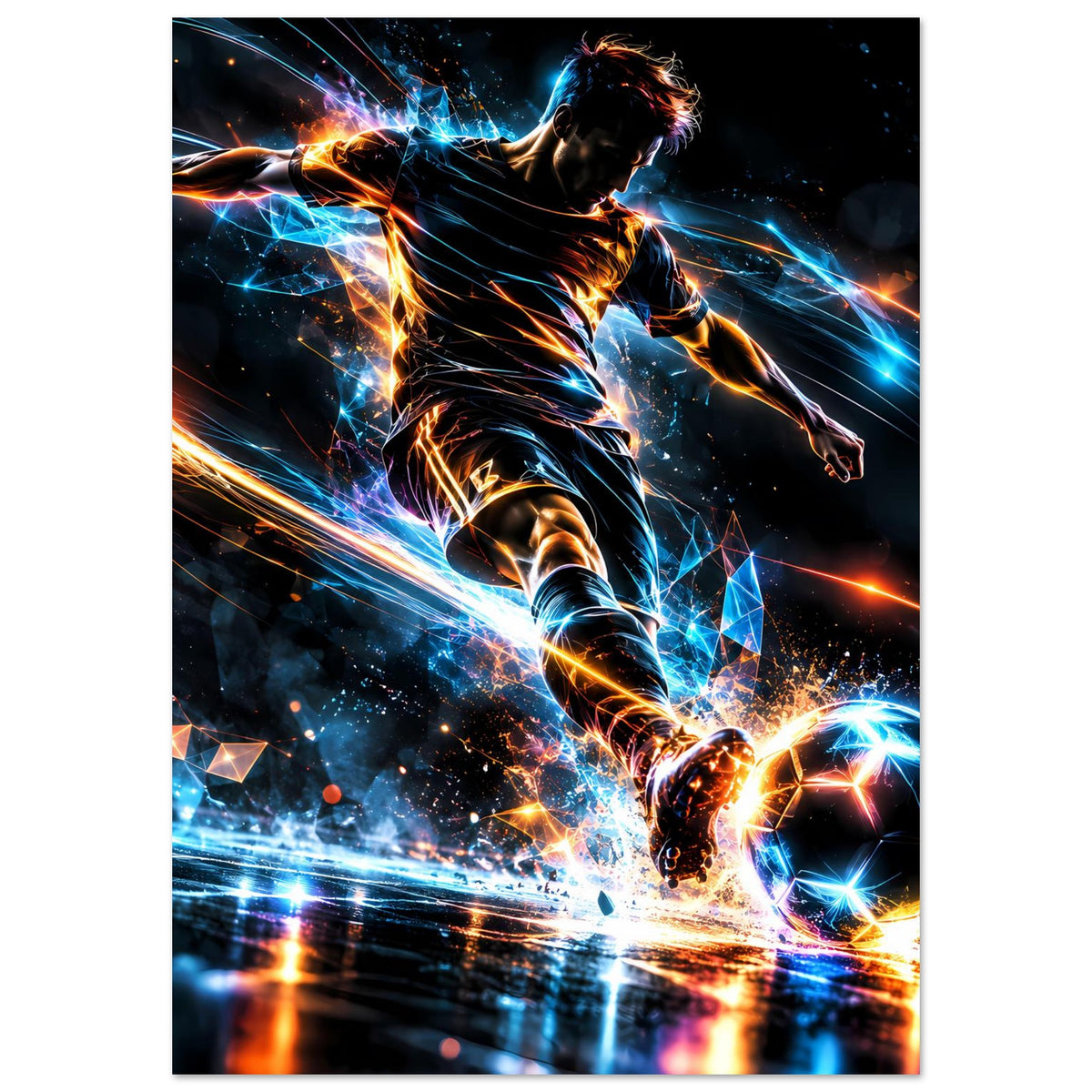 Neon-Fußballposter im Hochformat mit Athlet, dynamischen Lichtbahnen und leuchtendem Ball