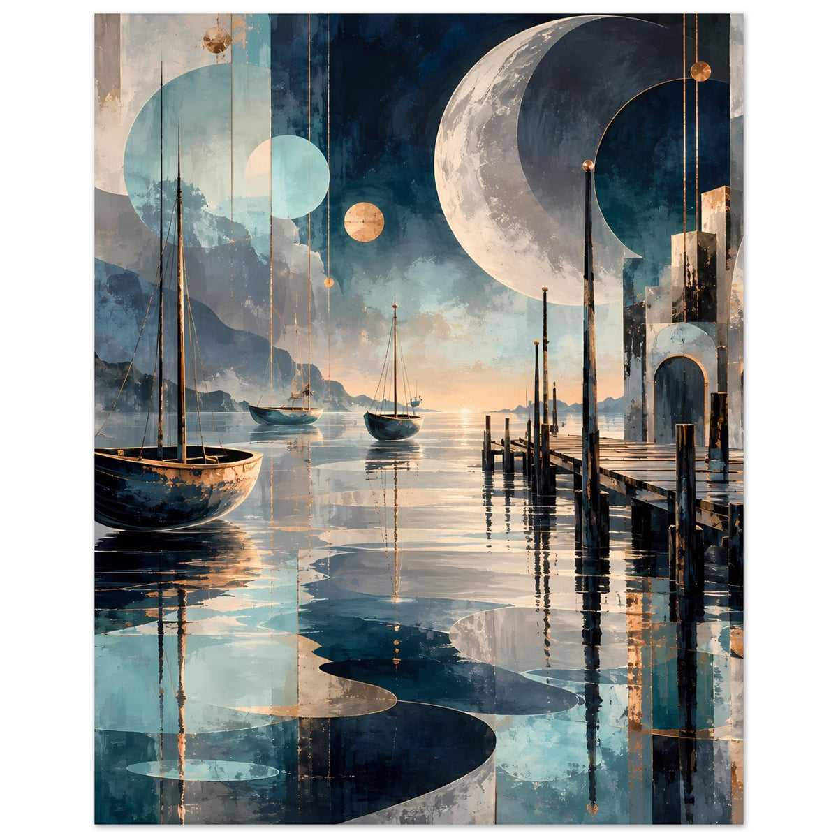 Maritimes Nachtposter mit großem Mond, Hafensteg und Boot auf spiegelndem Wasser
