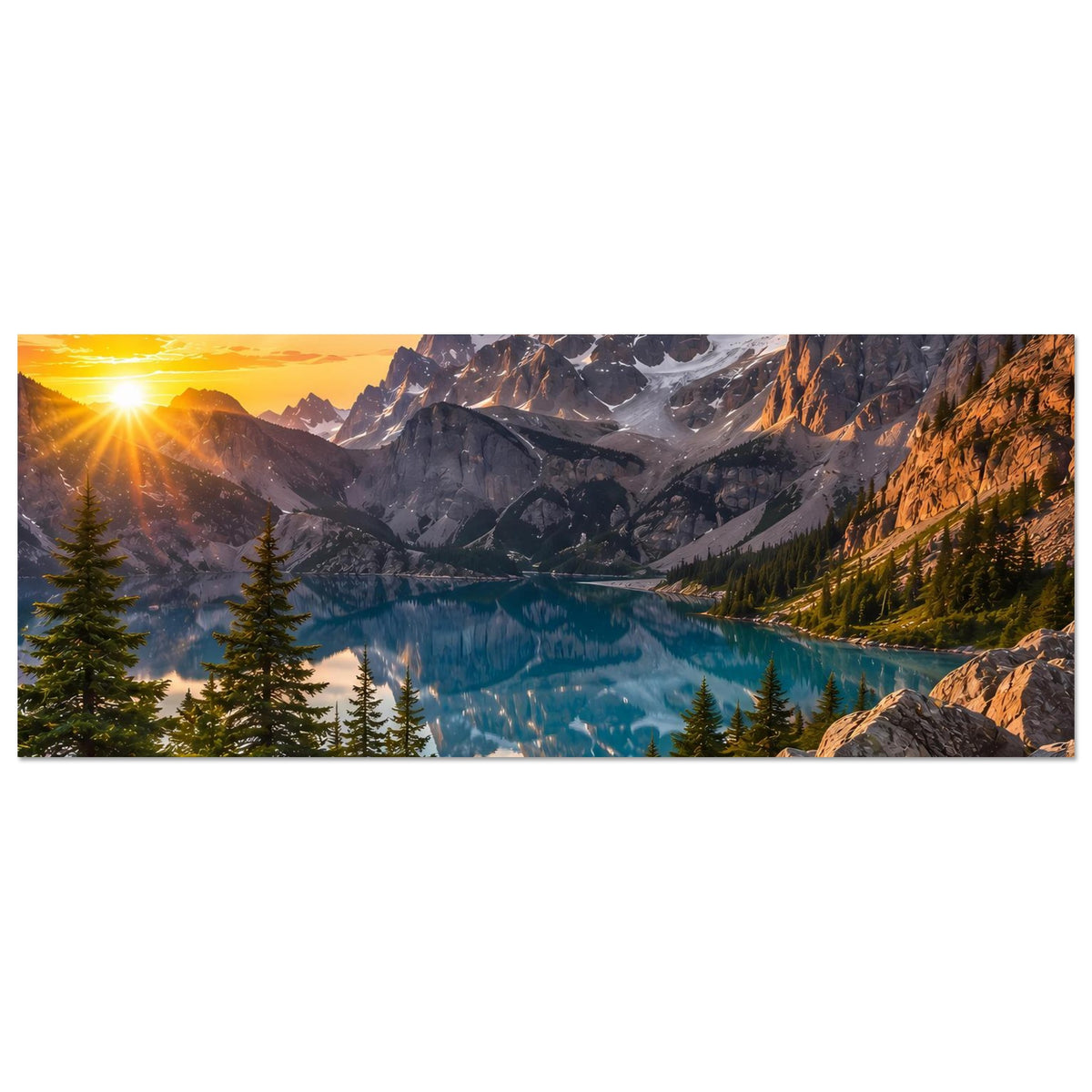 Horizontales Poster mit Bergsee zur goldenen Stunde, Berge, Seeufer und Nadelbäume
