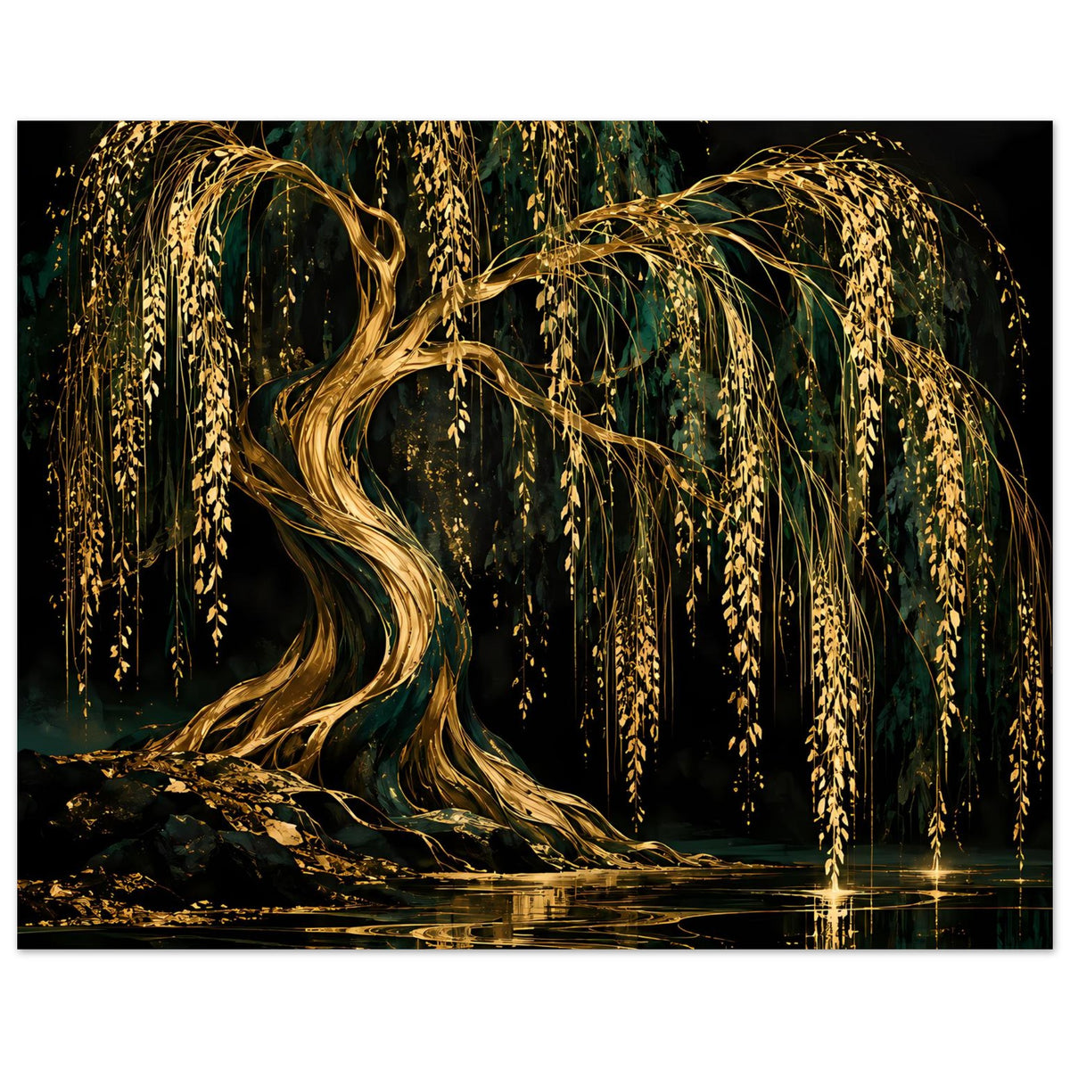 Wandposter mit goldener Trauerweide, hängenden Zweigen und Wasserreflexion, Querformat