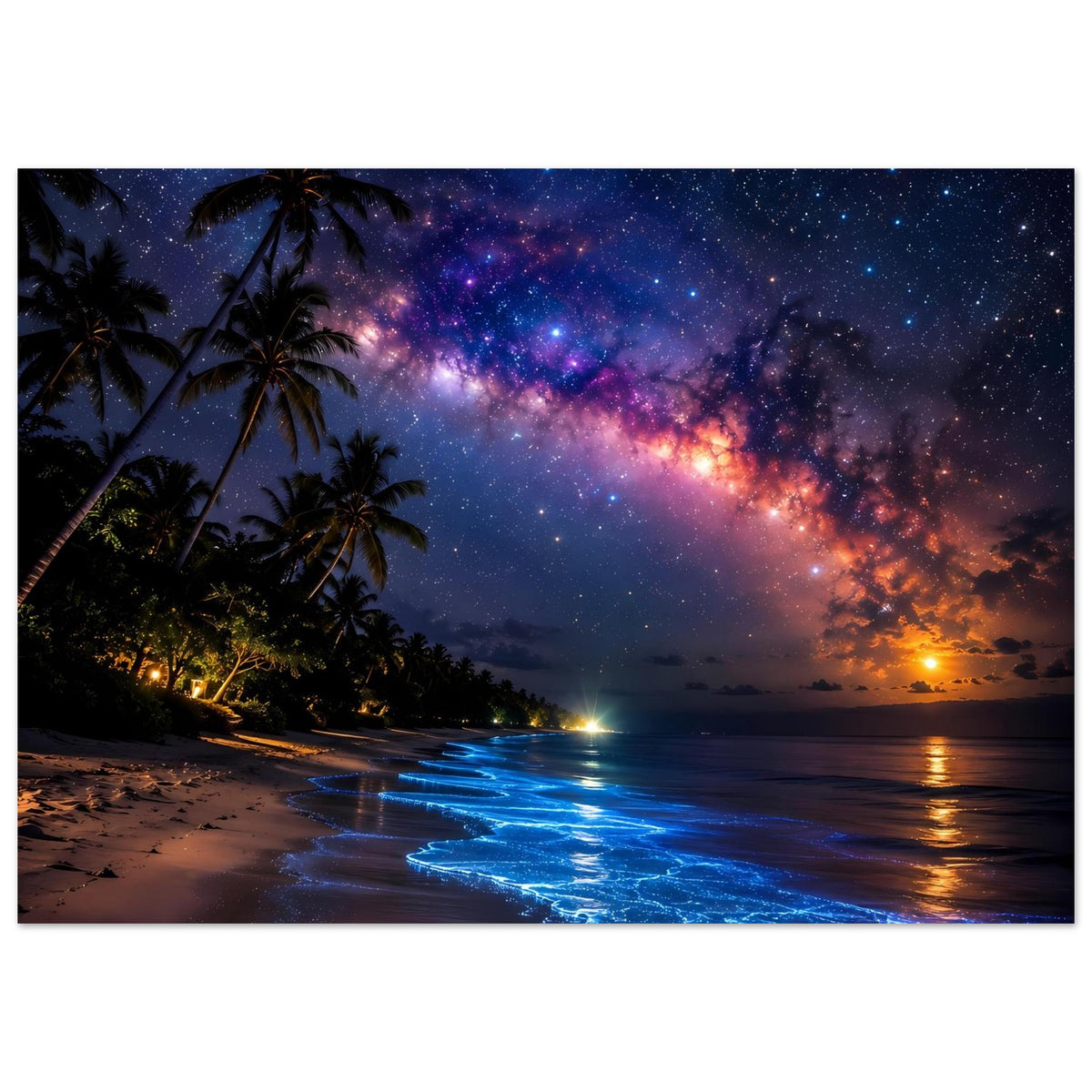 Strandposter mit Palmen, Milchstraße und blau leuchtenden Wellen bei Nacht, mit Rahmen