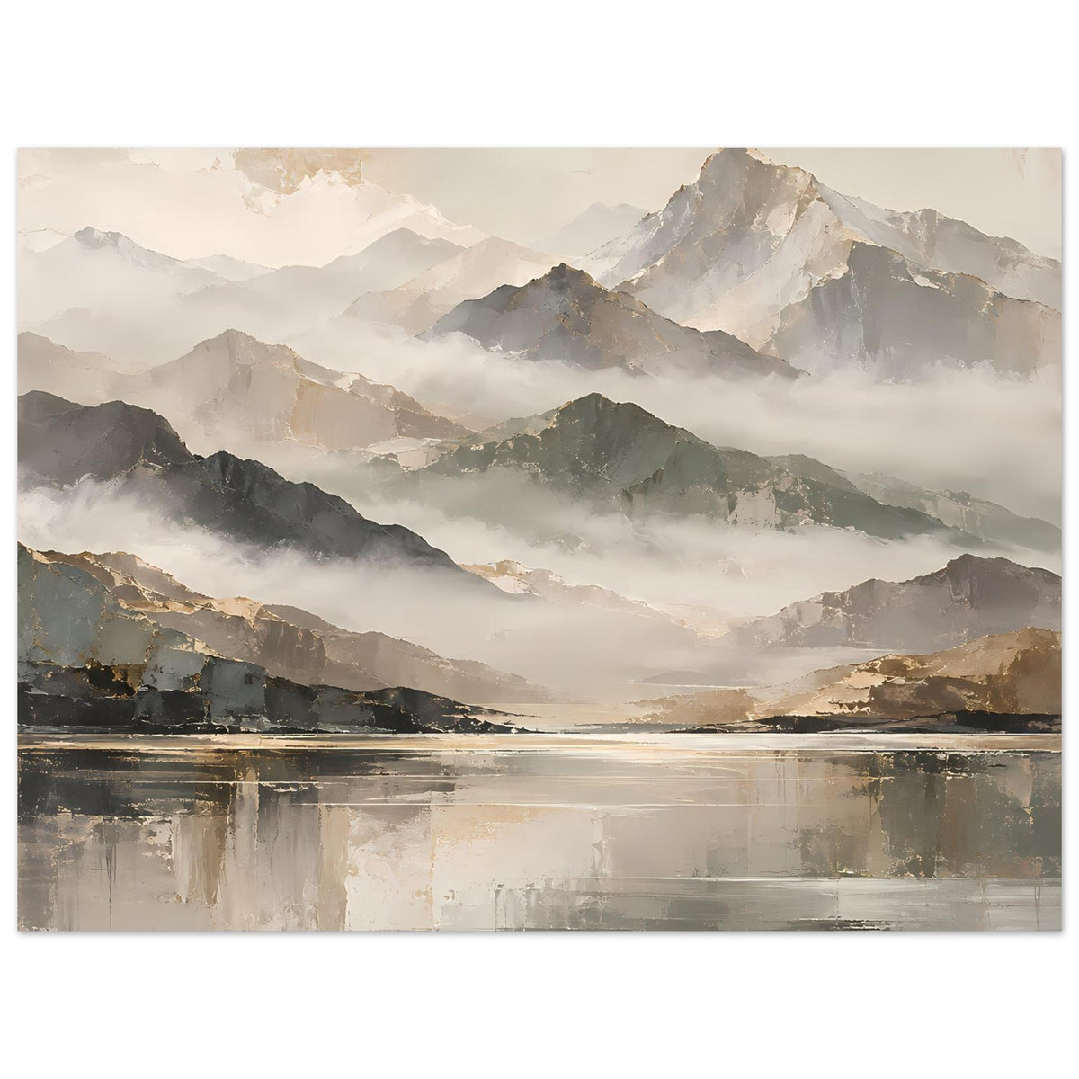 Naturposter im Querformat: Bergkette im Nebel, Beige- und Goldfarben, Wasserreflexionen.