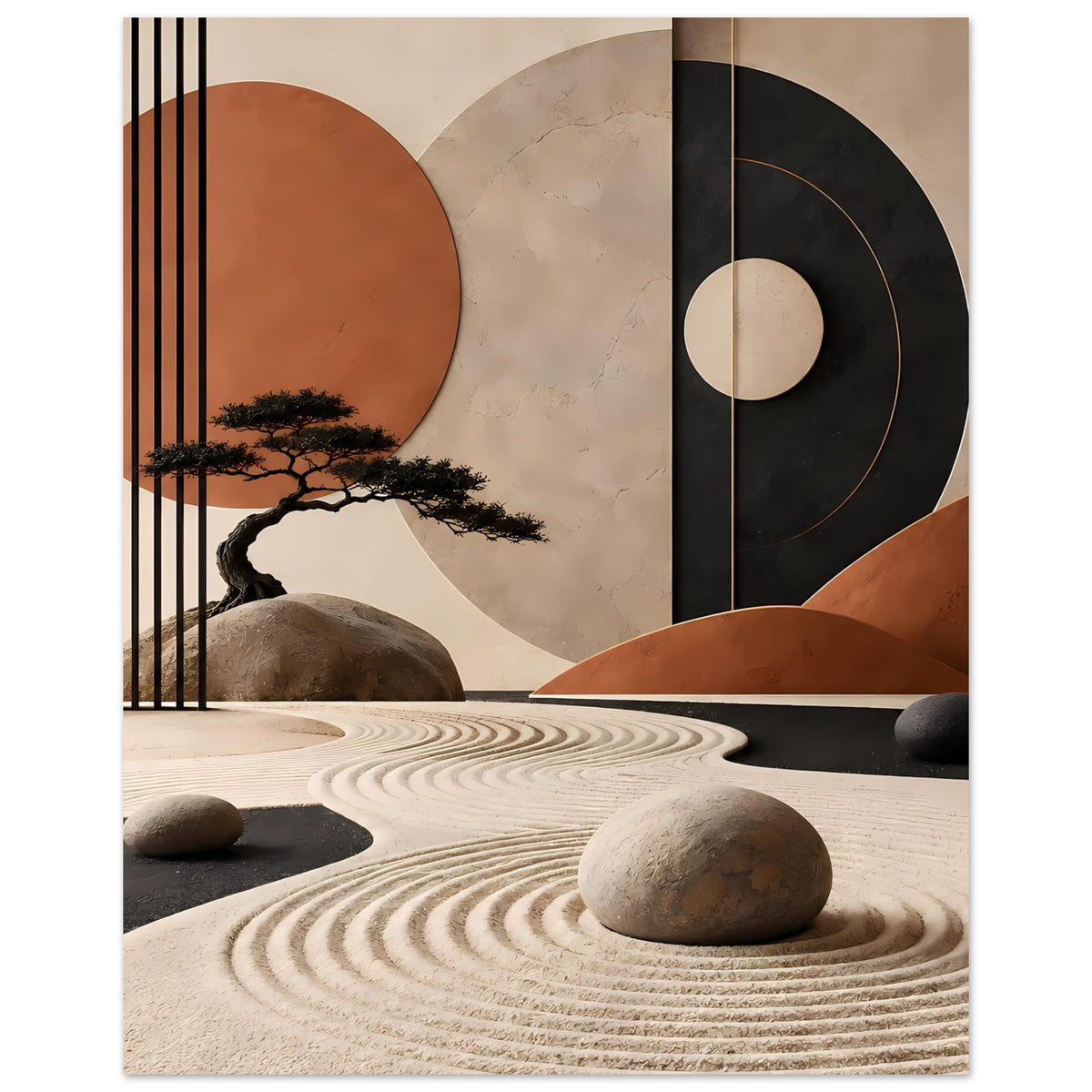 Abstraktes Wandbild: große Kreise, Baum, Steine und Spiral-Wellen auf hellem Grund