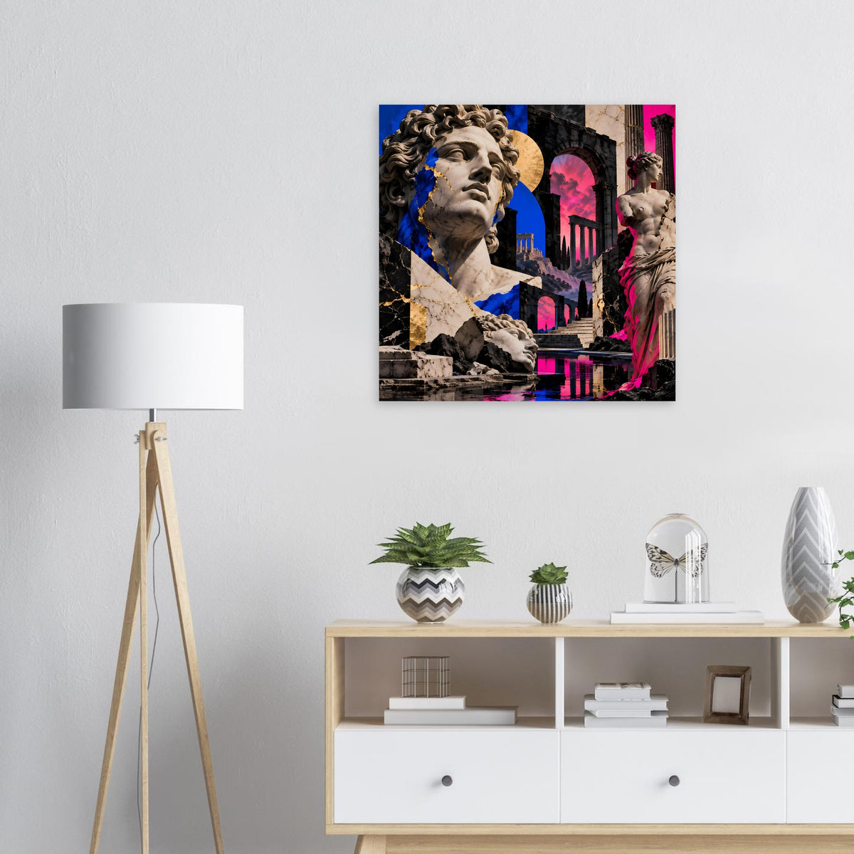 Kunstposter mit Büste klassischer Skulptur, Blau- und Pinkakzenten, Stadtansicht