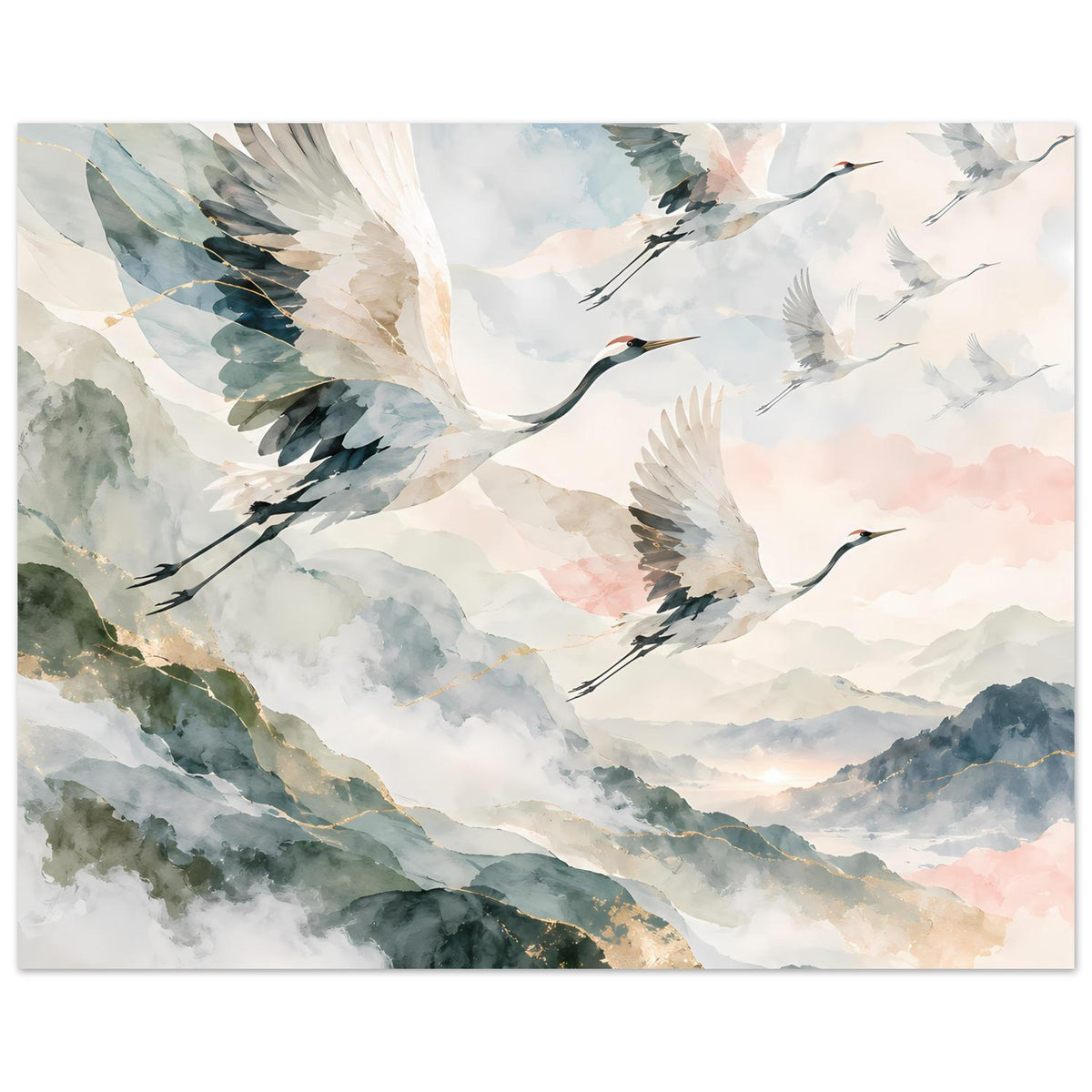 Horizontales Poster mit Kranichen im Aquarellbild, goldfarbene Akzentlinie im Gebirge