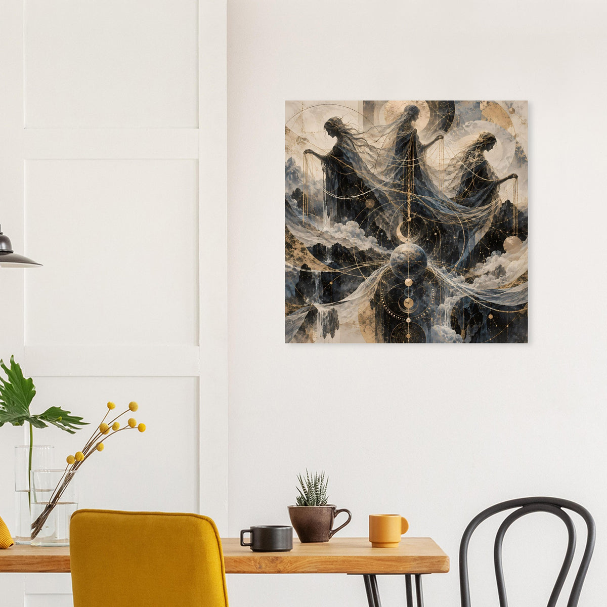 Quadratischer Posterdruck „Mystische Dreifaltigkeit“ mit goldenen Ornamentringen und dunklen Konturen