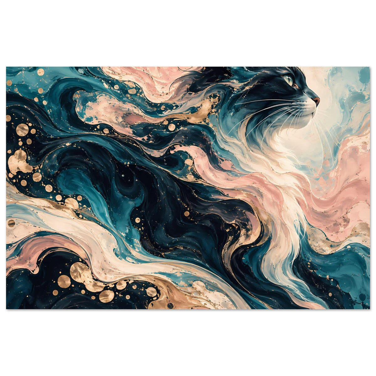 Abstraktes Katzenposter mit Wirbelmuster in Blau, Rosa und Beige
