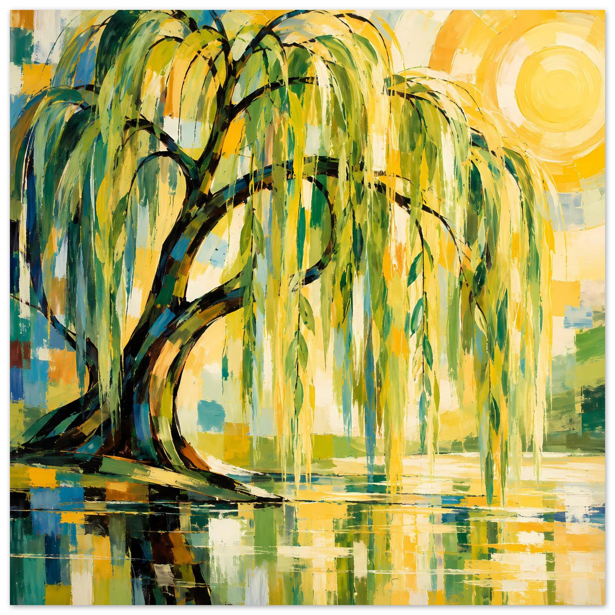 Poster: Weidenbaum, goldene Sonne am Himmel, leuchtende Gelb- und Grüntöne mit Spiegelung