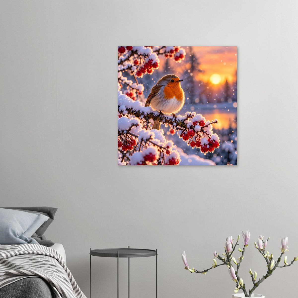 Quadratisches Poster mit Rotkehlchen auf schneebedeckten Zweigen und roten Beeren