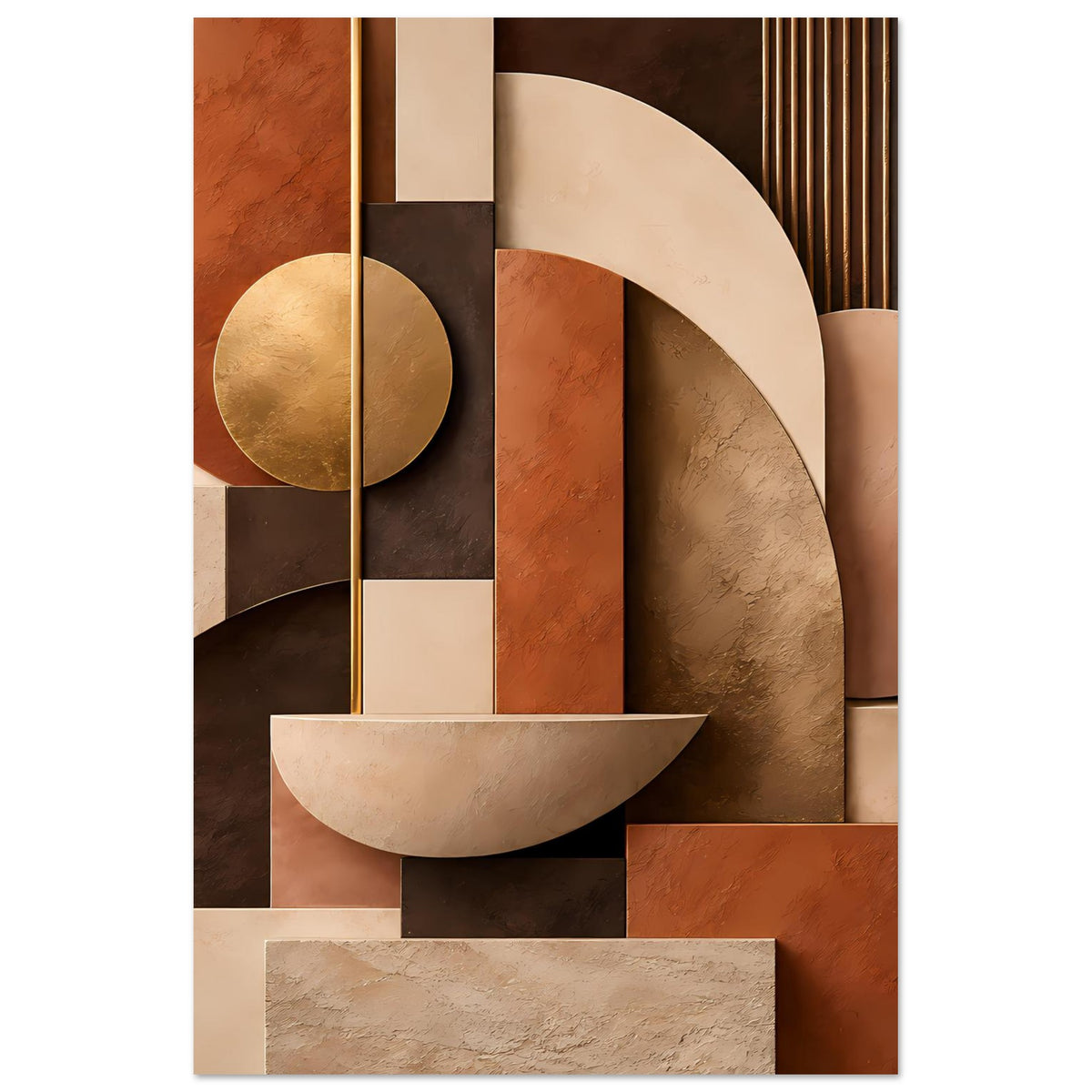 Kunstposter Ausschnitt: goldener Kreis, Halbmondbögen und Rechteckraster in Terrakotta und Beige