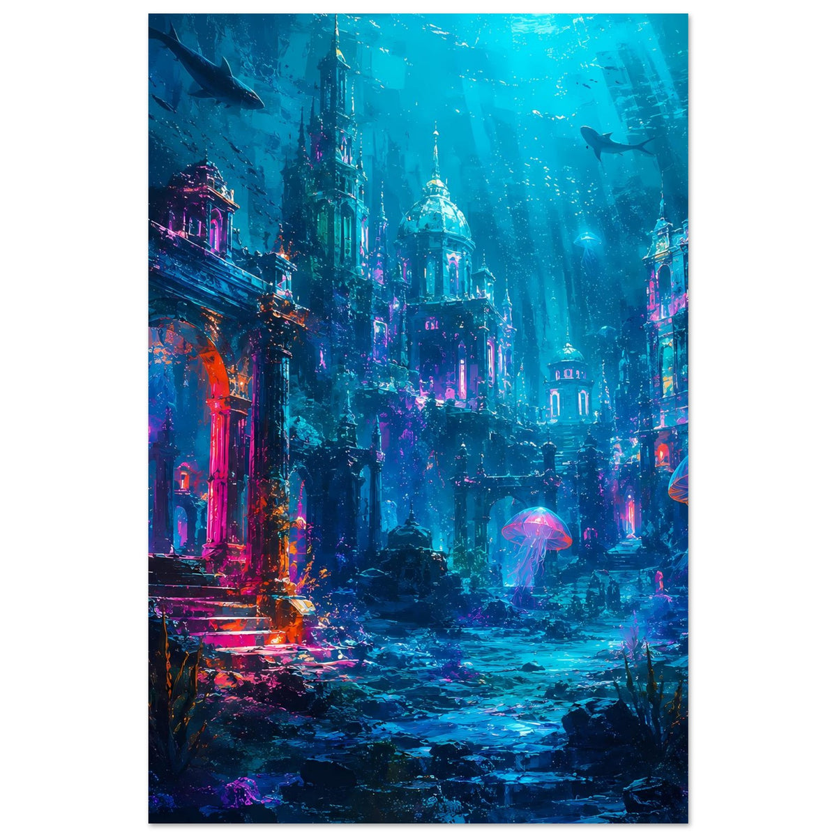 Fantasy-Unterwasserposter im Hochformat: versunkene Stadt, leuchtende Quallen und Fische