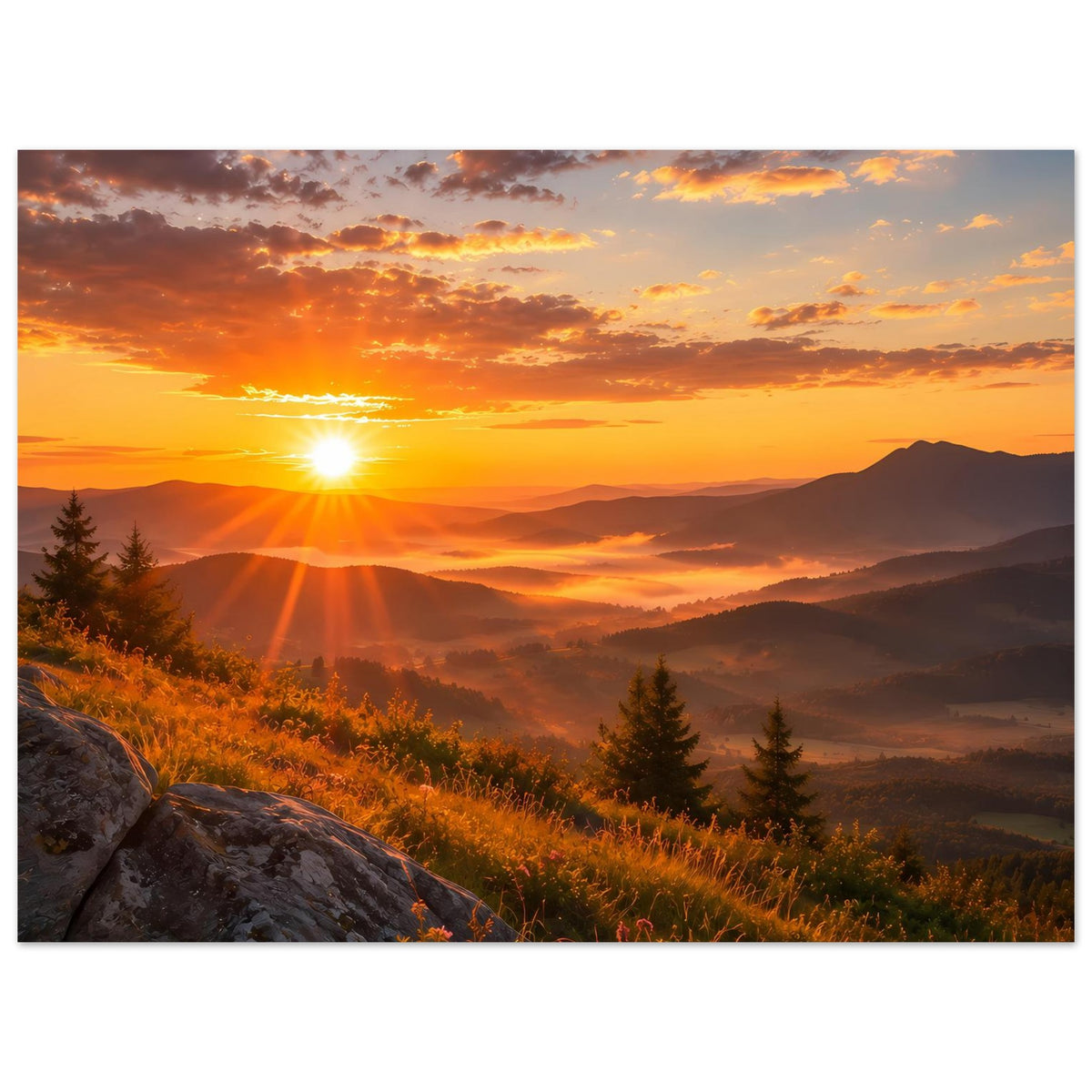 Landschaftsposter im Querformat mit Sonnenuntergang, Bergen, Tannen und Wiese