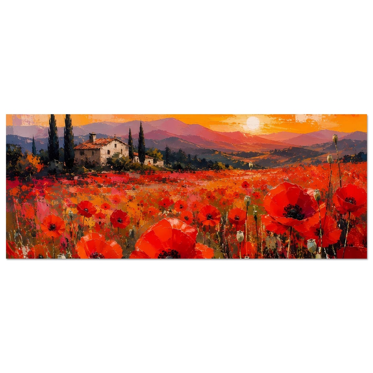 Horizontales Poster mit rotem Blumenfeld, mediterranen Häusern und Abendsonne