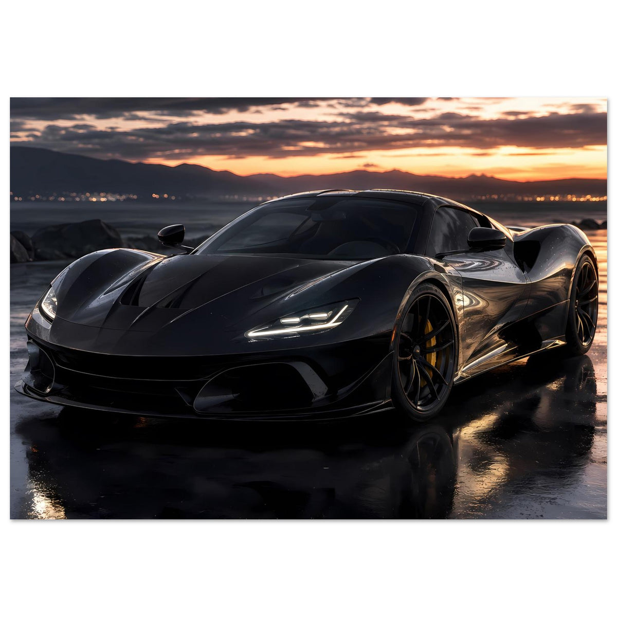 Sportwagen-Poster: schwarzer Supersportwagen im Vordergrund mit reflektierenden Highlights