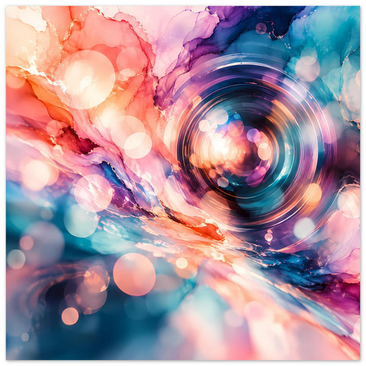 Kunstposter: abstrakte Liquid-Art mit kreisförmigem Wirbel und Bokeh-Kreisen in Orange, Pink, Lila und Blau