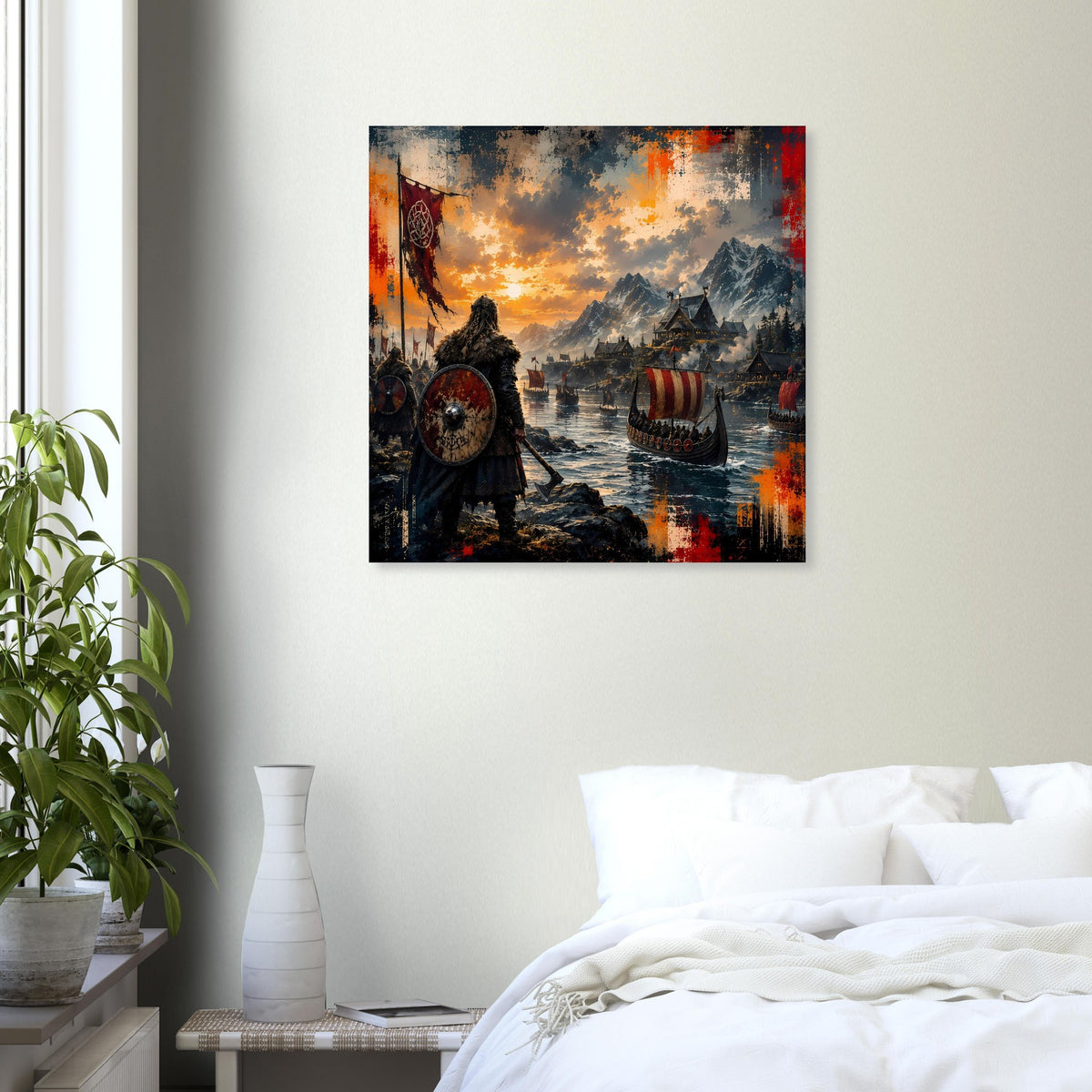 Quadratisches gerahmtes Poster zeigt Wikinger-Krieger mit Schild und Schiffe bei Sonnenuntergang