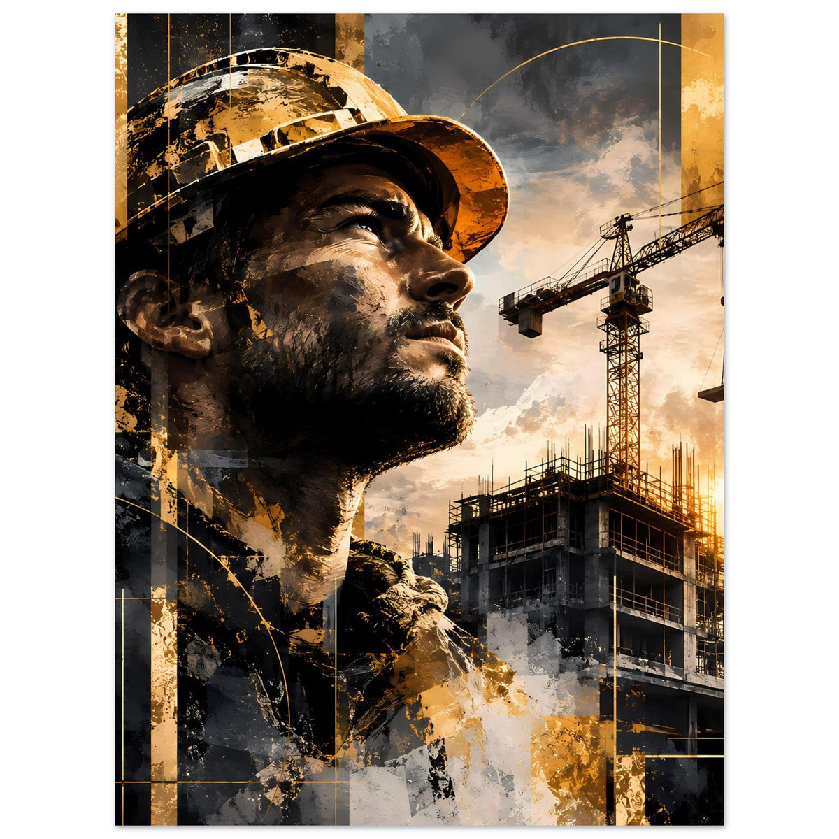 Bauarbeiter-Porträt-Poster mit Helm, dunklem Bart, goldene Akzente und Kräne