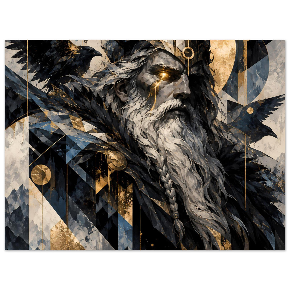 Poster nordische Gottheit: bärtiger Krieger mit goldenem Auge, kräftige blau-schwarze Geometrie