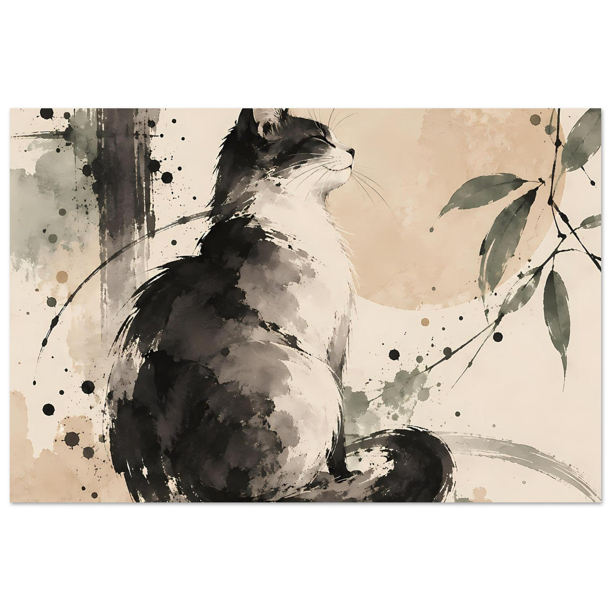 Poster mit sitzender Katze in Schwarzweiß-Aquarell, dunkler Schwanz und Blätter am oberen Rand
