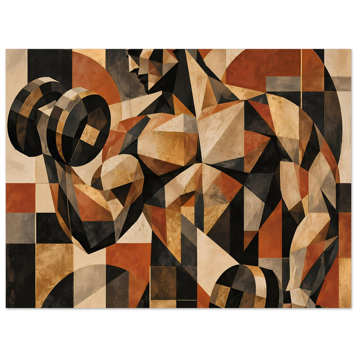 Abstraktes Poster mit geometrischer Komposition in Schwarz, Beige und Rostorange, vollflächig.