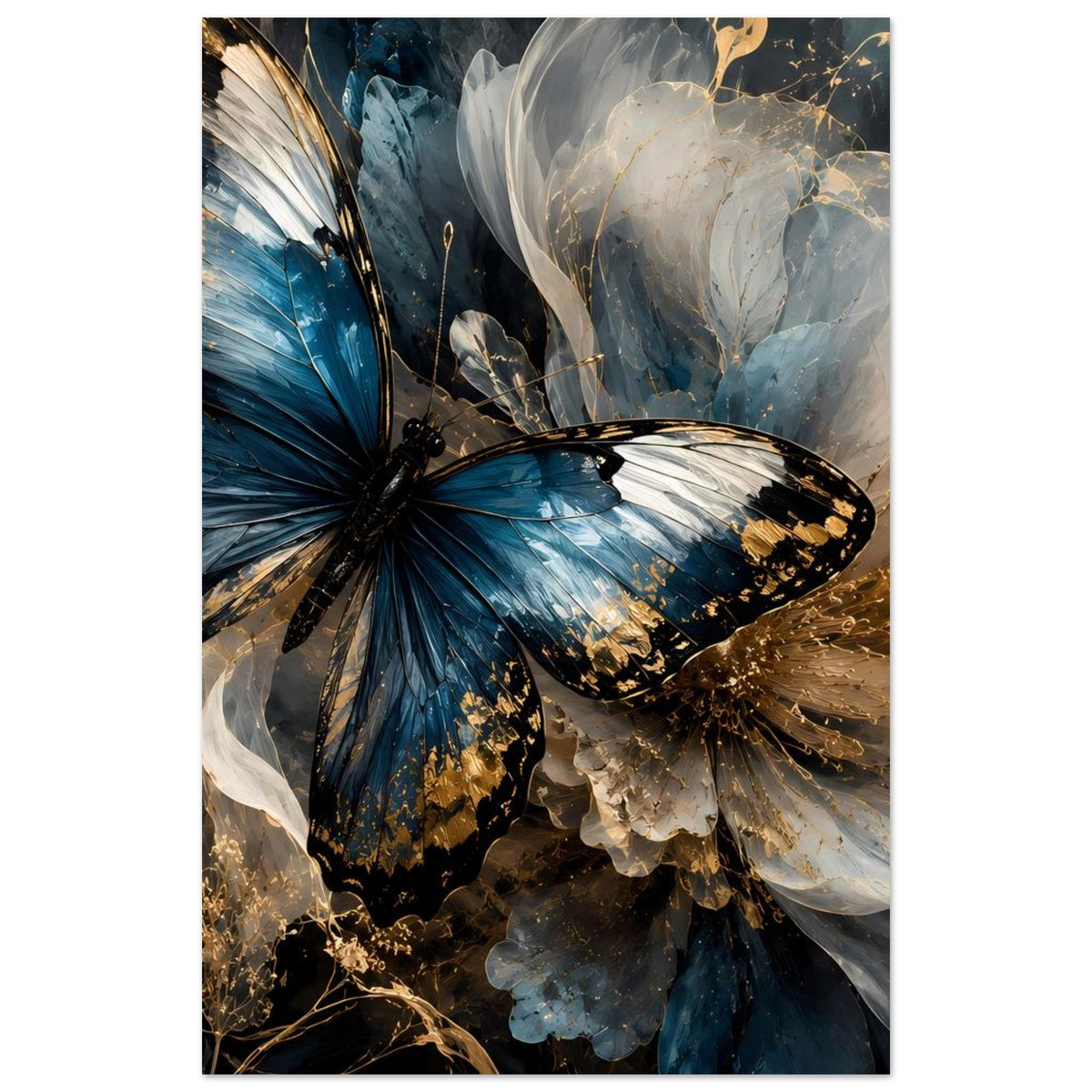 Schmetterlingsposter im Hochformat, Fokus auf blaue Flügel und goldene Highlights
