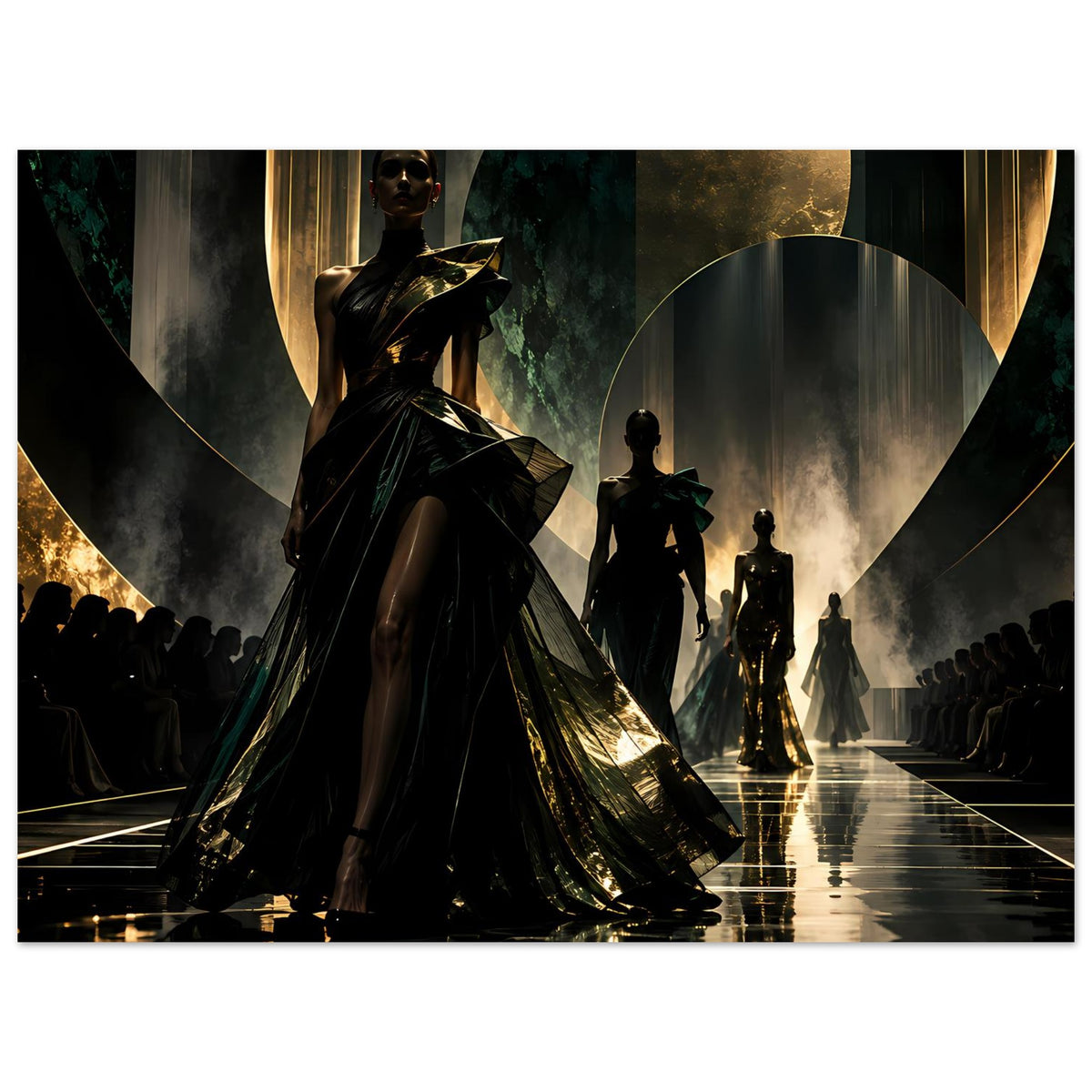 Poster mit Fashion-Runway: Vorderfigur in schwarzem Outfit, goldene Reflexe, mehrere Silhouetten.