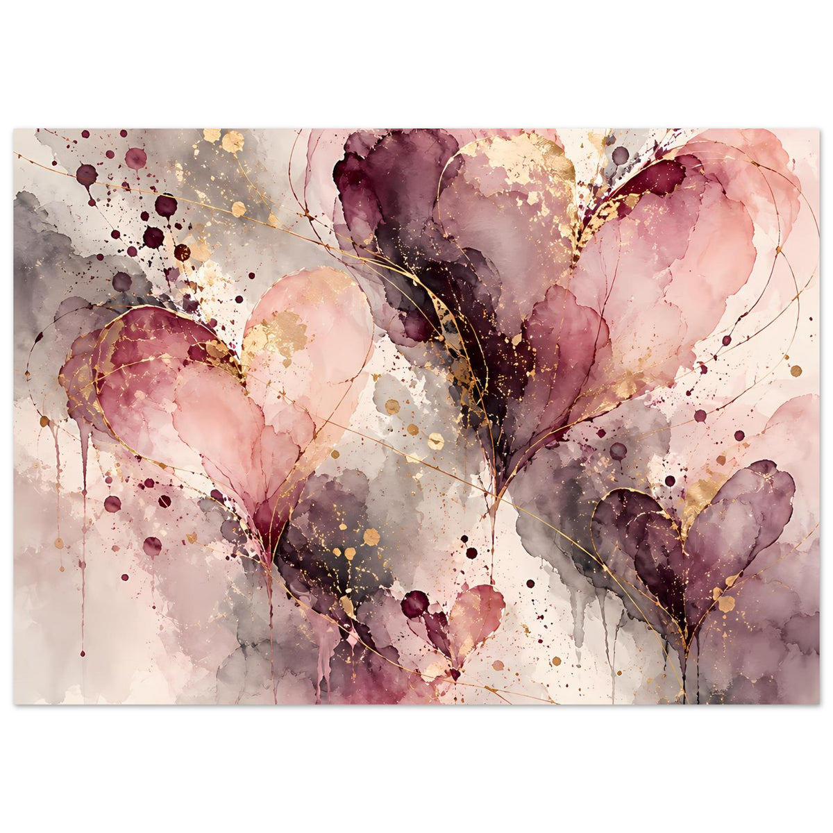 Abstraktes Herz-Poster in Rosa-, Violett- und Goldtönen, horizontal