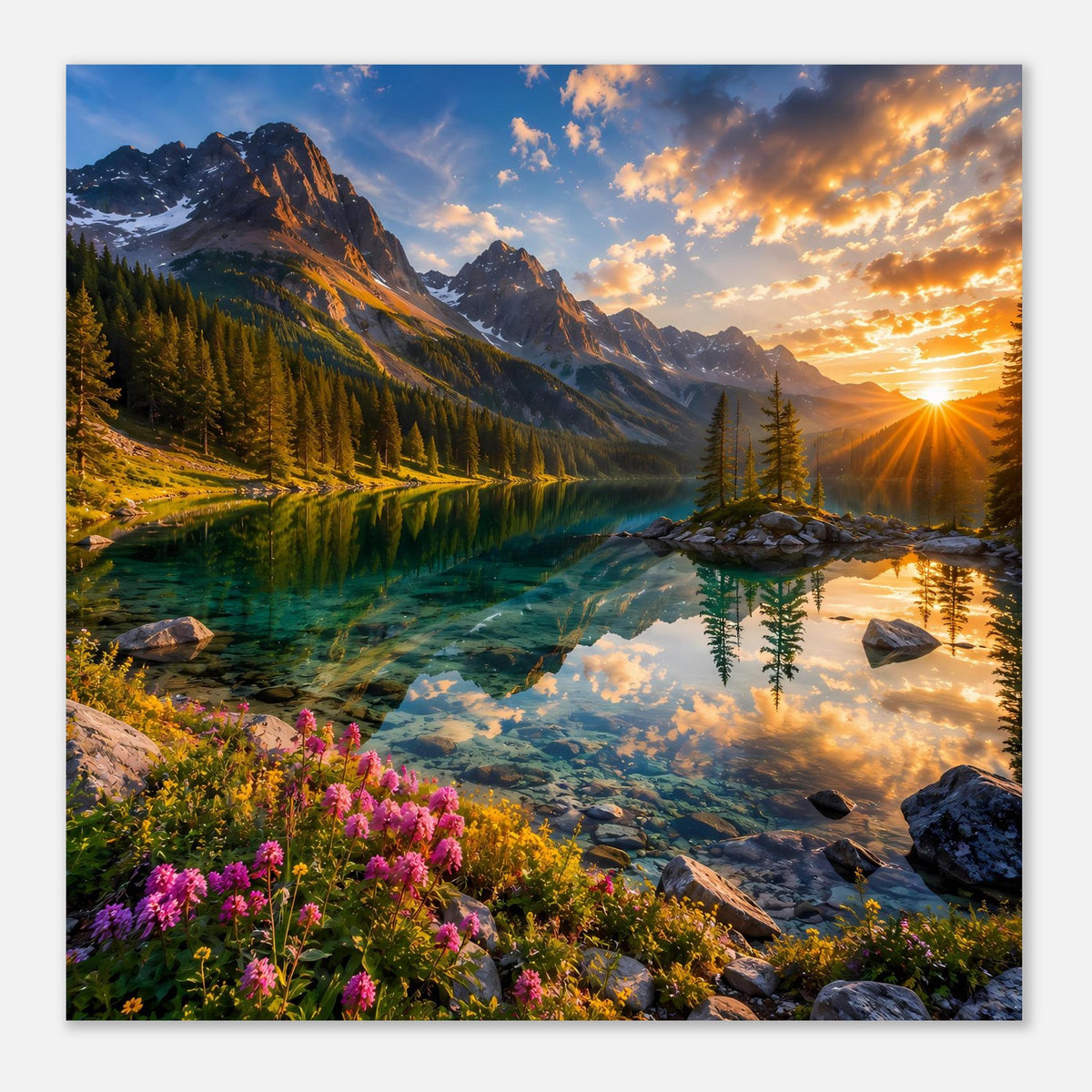 Horizontales Poster mit Bergsee, Fichten am Ufer, violetten Blüten und Sonnenuntergang