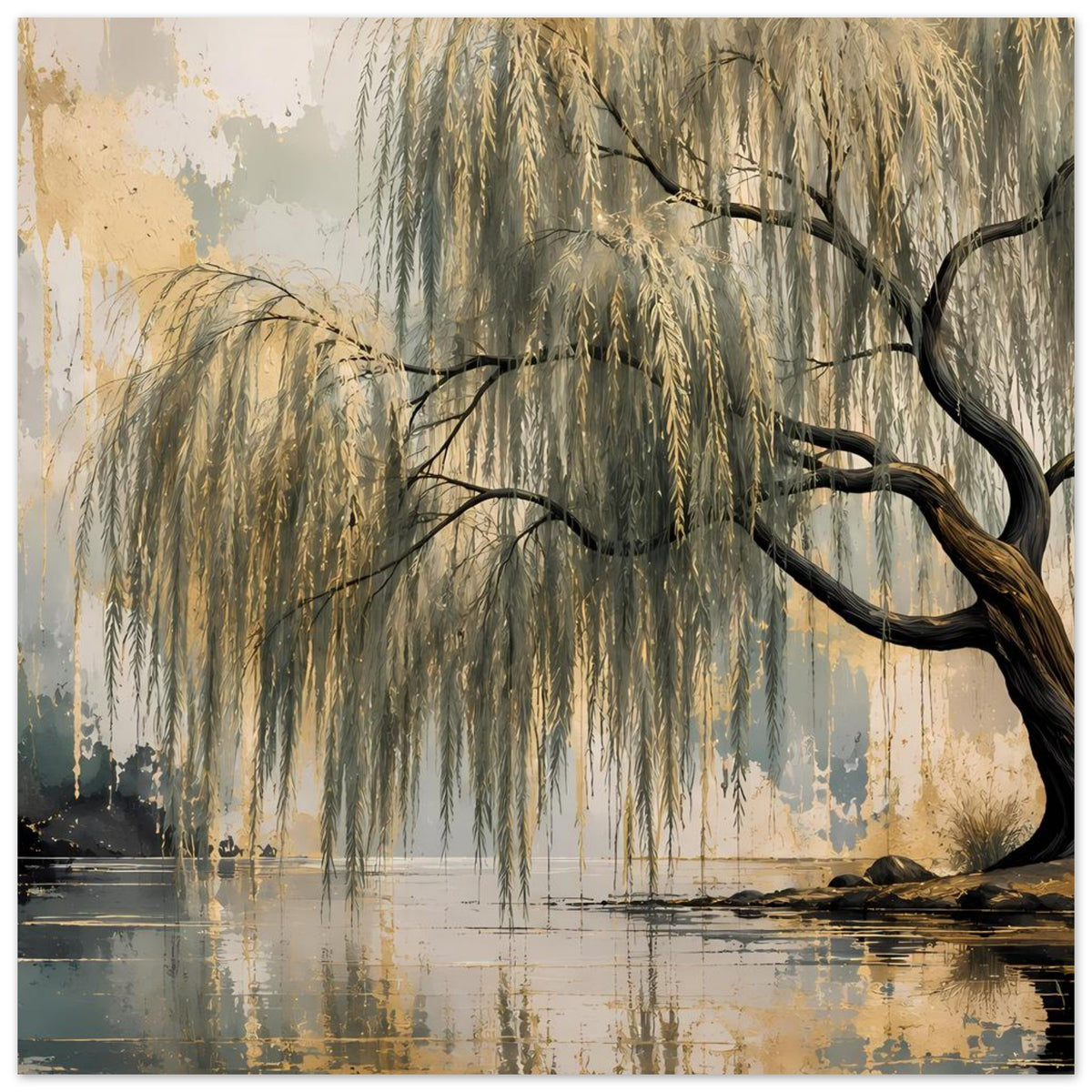 Poster mit Weidenbaum am Ufer, hängende Blätter über dem Wasser, warme Gold- und Blaunuancen